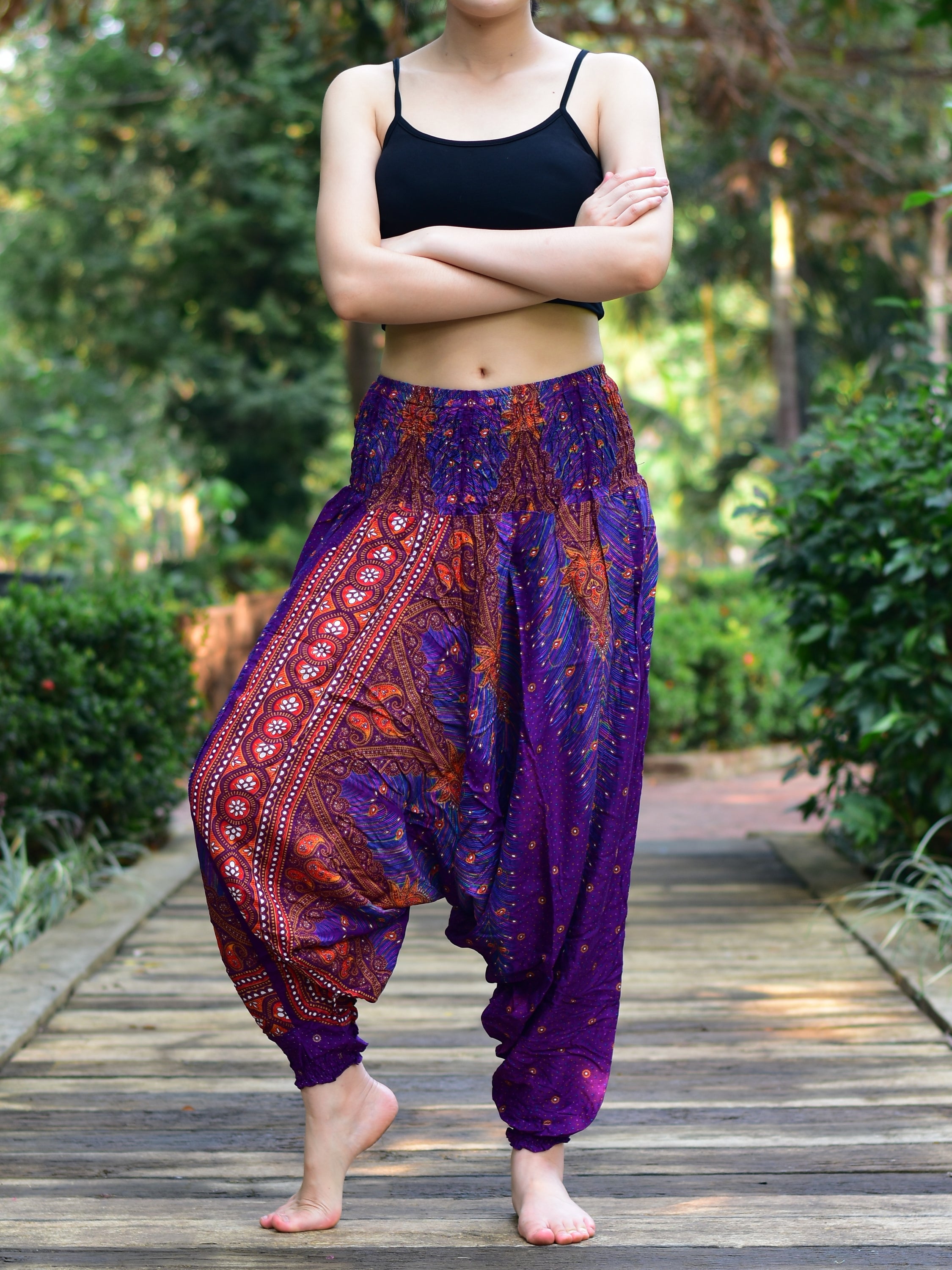 Bohotusk Purple Peacock Moonshine Low Crotch Harem Pants for women, showcasing vibrant colors and unique design, perfect for yoga and lounging.